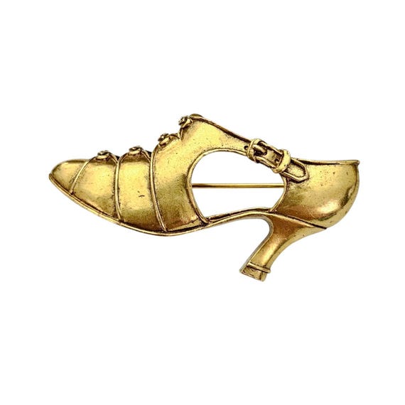 MMA Shoe Brooch, Gold Tone Clear Rhinestone High Heel Pin, Signed
