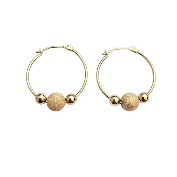 14K Yellow Gold Hinged Hoop Post Sliding Ball Charm Earrings C938