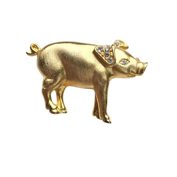 LIA Gold Tone Pig Brooch Clear Rhinestone Pin, Signed