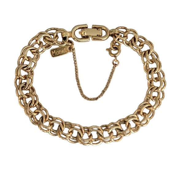 Monet Gold Tone Chain Double Link With Safety Chain Bracelet, Signed 7.5" Long K74