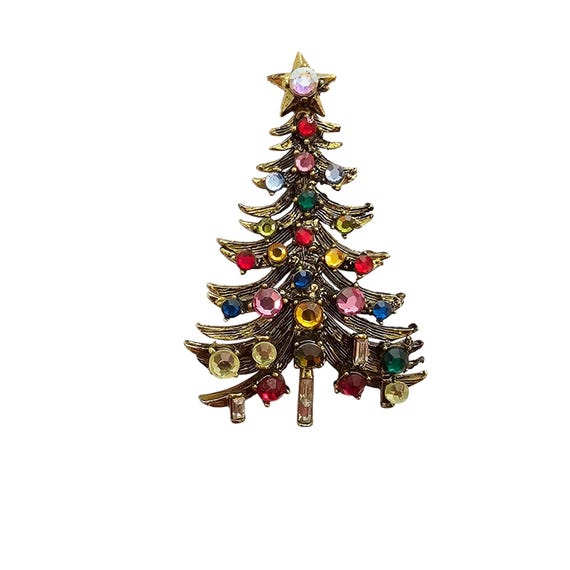Holly Craft Christmas Tree Brooch Multi Color Rhinestone Pin Signed, J502