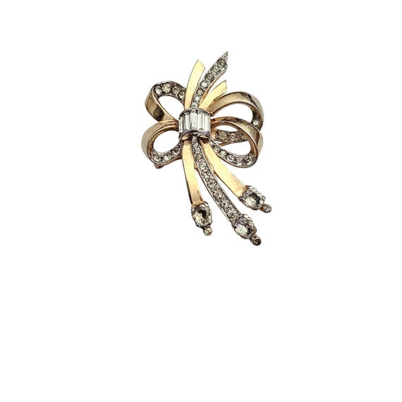 Gold Tone Rhinestone Bow Brooch Screw Construction H Vintage Designer Pin C963