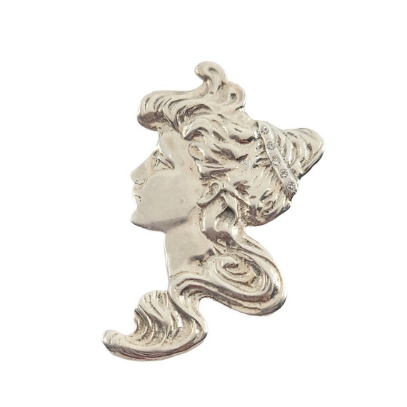 Sterling Silver Art Nouveau Style Lady Face, Clear Rhinestone C Clasp Brooch