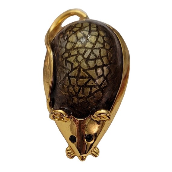 SJ Gold Tone Vintage Green Textured Resin Enamel Mouse Brooch Pin, Signed E630