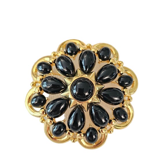 Trifari TM Gold Tone Black Cab Lucite Domed Flower Starburst Brooch, Signed L285