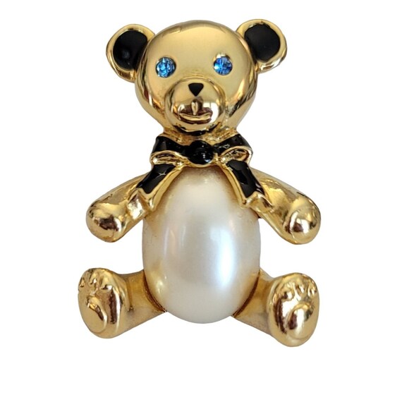 Carolee Gold-Tone Blue Rhinestone, Faux Pearl Belly Bear Brooch Pin, Signed M780