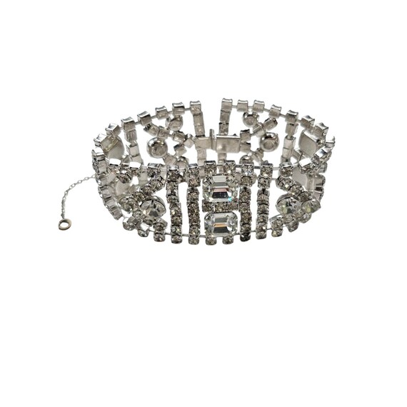 Silver Tone Vintage Clear Rhinestone Wide Bracelet