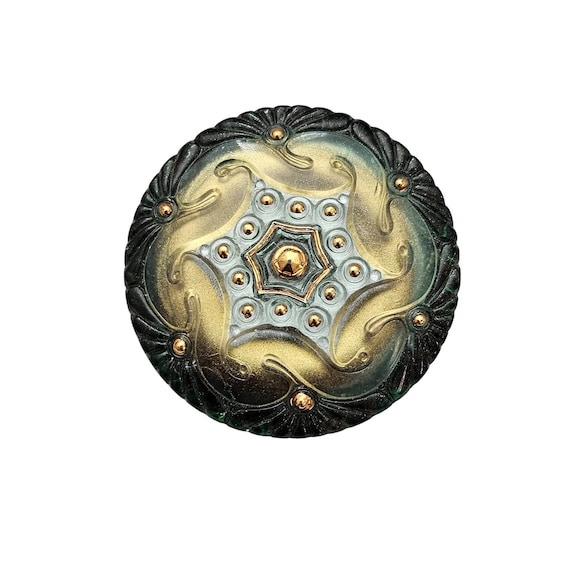Susan Clarke Czech Vintage Blue Glass Gold Round Button Brooch Star Design C891