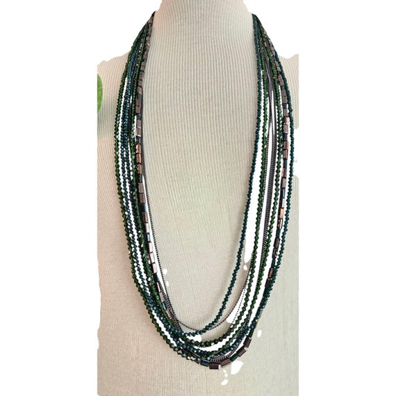 Chico’s Emerald Glass Forest Green Bead Necklace Multi Chain Strands 40" Long