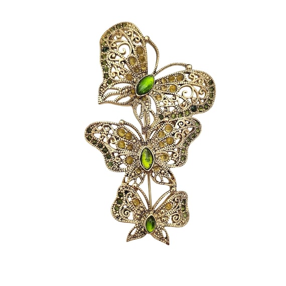 Monet Butterfly Trio Brooch Green Cab Lucite Pin Signed, J732