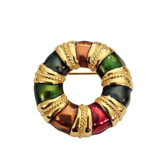 Anne Klein Vintage Red Blue Green Enamel Rope Twist Life Saver Brooch Pin Signed