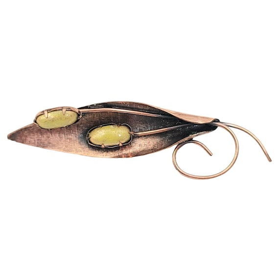 Matisse Renoir Copper Leaf Green Oval Cabochon Leaf Brooch, Signed