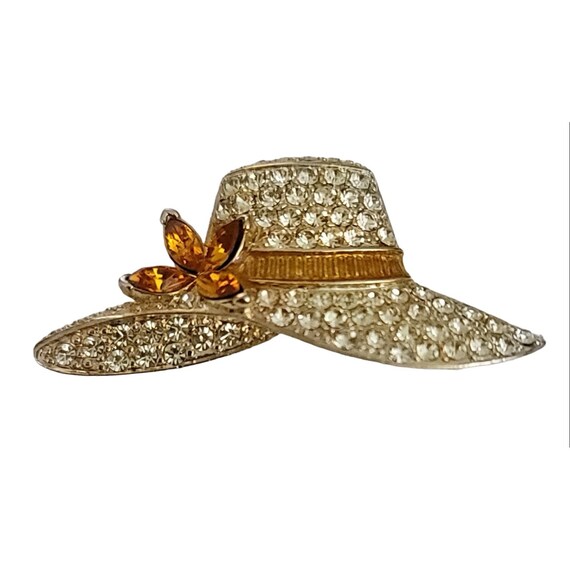 Monet Gold Tone Clear Rhinestone Topaz Colored Nanette Hat Brooch, Signed K676