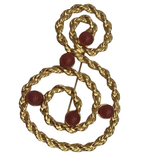 Avon Gold Tone Carnelian-Color Lucite Round Cab Rope Swirl Brooch, Signed