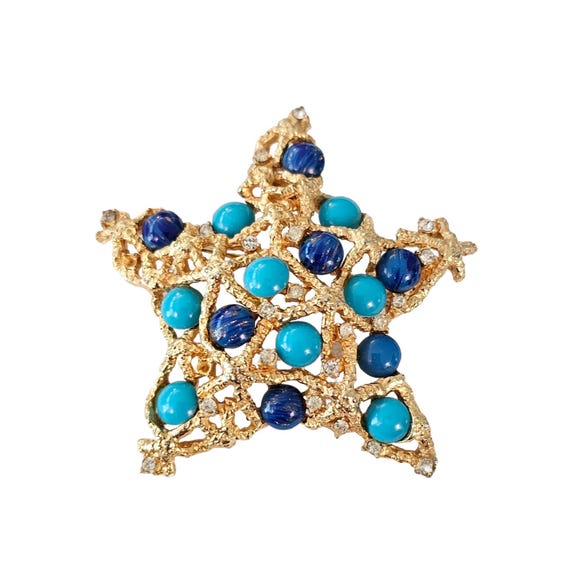 MANDLE Blue Floss Glass, Turquoise Glass Stone Cab Star Brooch, Signed L195