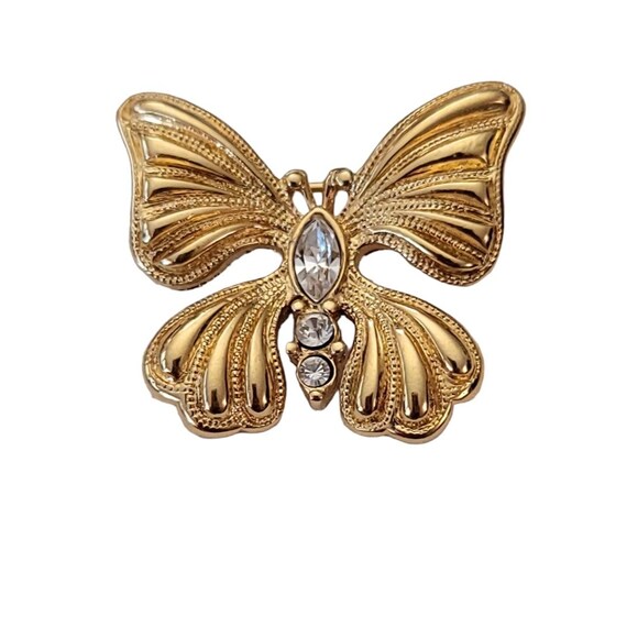 Monet Gold Tone Clear Rhinestone Butterfly Brooch Pin, Signed L21