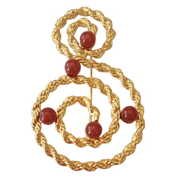 Avon Musical Treble Clef S-Shape Faux Carnelian Stone Brooch, Signed E684
