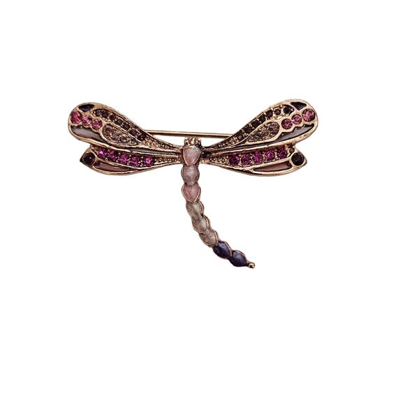 Liz Claiborne Pink Purple Rhinestone Dragonfly Brooch Pin, Signed L309