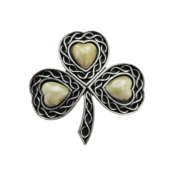 Sol D'Or Silver Tone Shamrock Heart Shaped Stone Pin, Signed