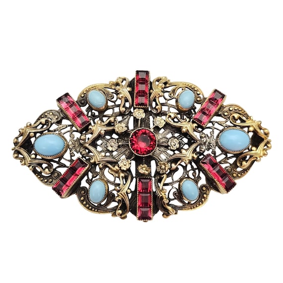 Coro Blue Cab Rhinestone Art Nouveau Oval Filigree Brooch Rare Pin Signed, J961