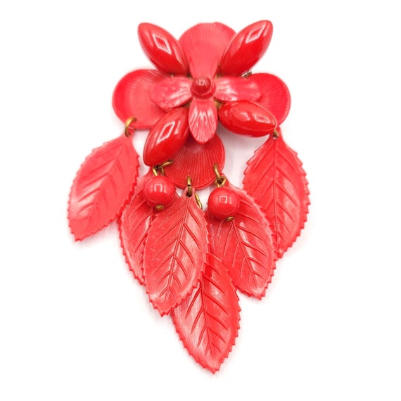 Red Plastic Flower Leaf Berry Charm Dangle Brooch