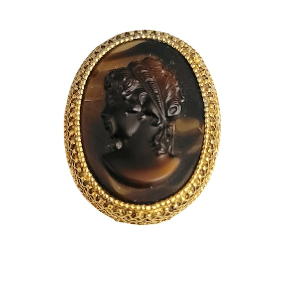 Florenza Gold Tone Glass Cameo Designer Brooch, Signed