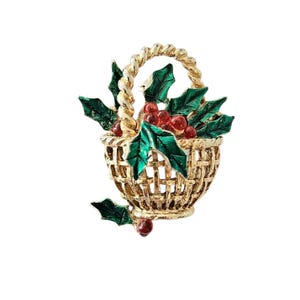 Vintage Gold Tone Glass Holly Berry Brooch, Basket Christmas Pin