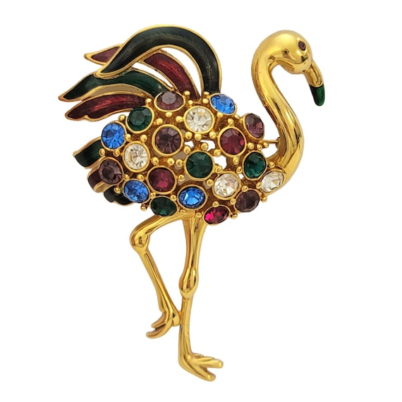 Trifari Red Green Enamel Multi Color Rhinestone Flamingo Brooch, Signed K51
