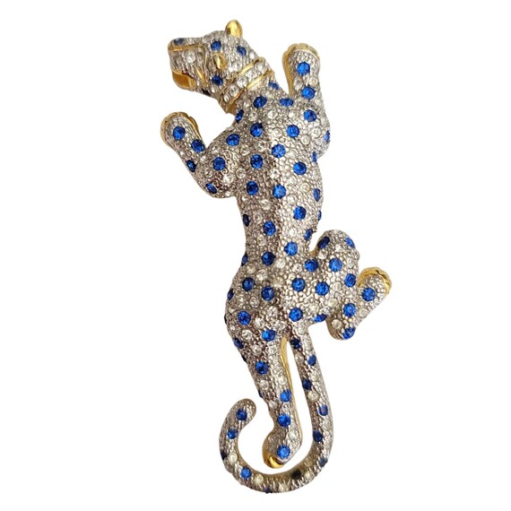 Gold Tone Blue Clear Rhinestone Cheetah, Leopard, Cat Brooch, M626