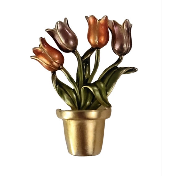 Gold Tone Purple Pink Potted Tulip Brooch Pin K551