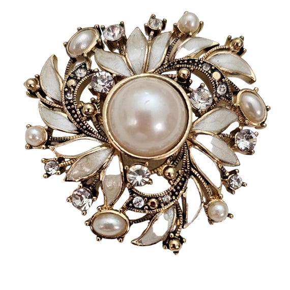 Monet Gold Tone Faux Pearl, Rhinestone White Enamel Cluster Laurel Leaf Brooch, Signed L348