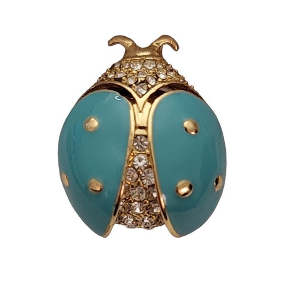 Gold Tone Robin’s Egg Blue Enamel, Clear Rhinestone Lady Bug Pin E468