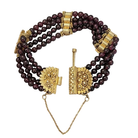 900 Silver Gold Vermeil Multi Strand With Safety Chain Garnet Bead Bracelet, K334