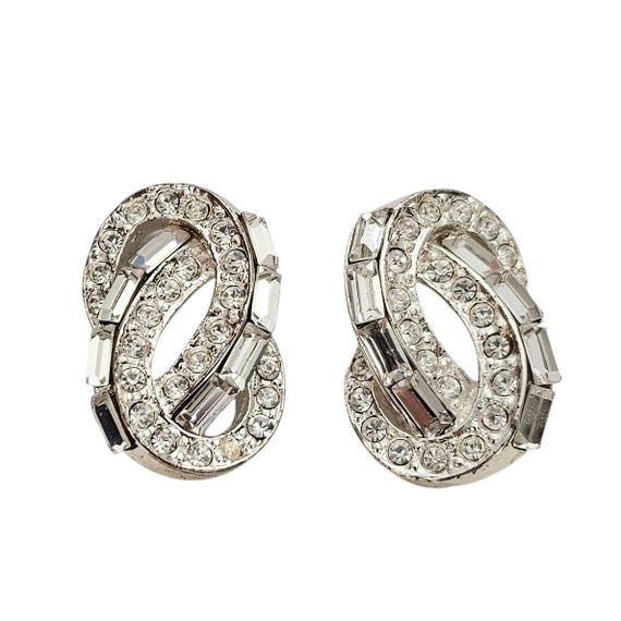 Carolee Silver Tone Clear Rhinestone Knotted Clip-On Earrings, Signed