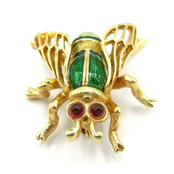 Boucher Gold Tone Green Enamel Red Stone Eye Insect Bug Brooch Pin Signed