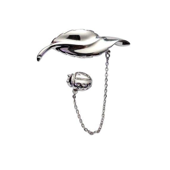 Monet Silver Tone Leaf, Ladybug Duo Chatelaine Brooch Pins, Signed