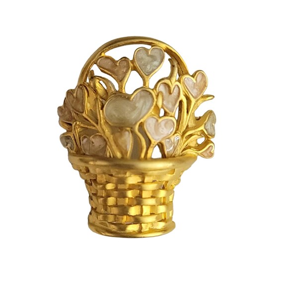 Gold Tone Enamel Basket Of Heart Flowers Brooch P… - image 2