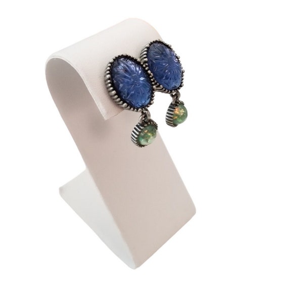 Nina Ricci For Avon Silver Tone Blue Flower Oval Lucite Green Dangle Clip On Earrings, Signed L53