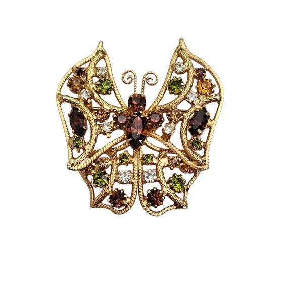 Gold Tone Prong Set Rhinestone Butterfly Brooch Vintage Green Topaz Pin J414