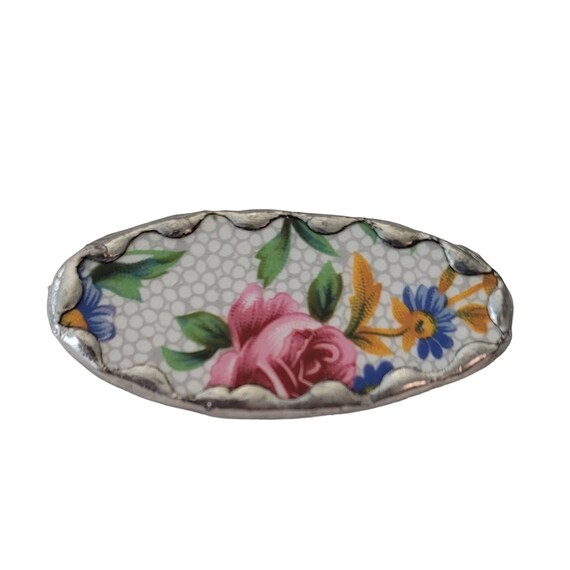 Rose Leaves Pottery Shard Oval Brooch Pin E651