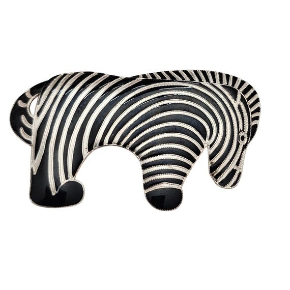 Sterling Silver Modernist Zebra Brooch Black Enamel Stripe Pin C879