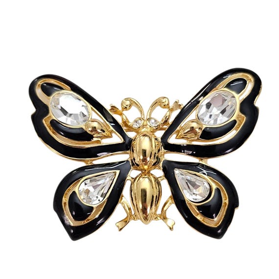 Trifari TM Butterfly Brooch Vintage Clear Crystal Rhinestone Black Enamel Pin, Signed