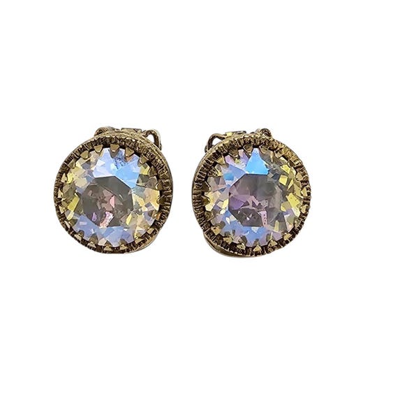 Vintage Gold Tone AB Clip-On Earrings, Round Filigree Edge