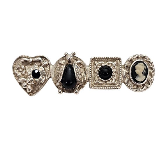1928 Brand ST Victorian-Style Cameo Bug Heart Bar Brooch Rhinestone Pin, J2