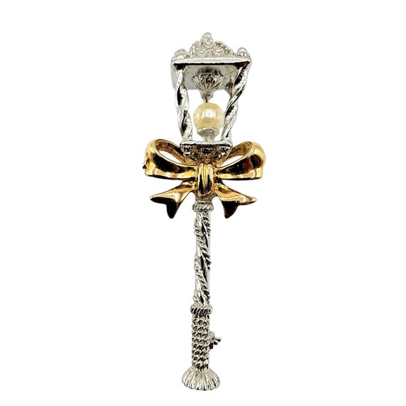 Silver And Gold Tone Lamp, Light Post, Faux Pearl Brooch Pin