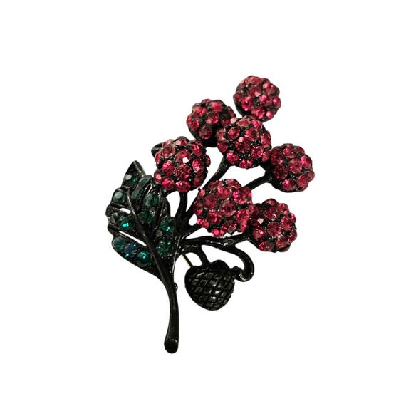 Holly Craft Cherry Brooch Red Rhinestone Cluster Cherries Pin, Signed
