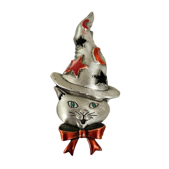 JJ Jonette Silver Tone Pewter Style Halloween Cat In Hat Brooch Pin, Signed L183
