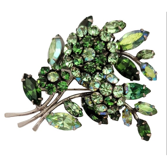 Schreiner AB, Green Prong Set Rhinestone Trembler Flower Leaf Brooch, Pin m801