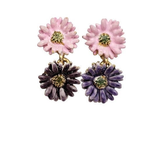 Pink Purple Green Enamel Flower Clip On Earrings J674