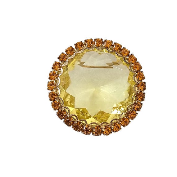 Round Vintage Faceted Yellow Chunky Rhinestone Brooch